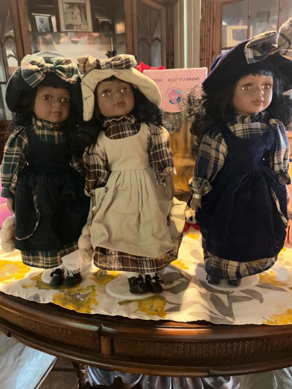 Set of 3 Porcelain Dolls in Plaid Dresses (Green, Cream, Navy) glass face